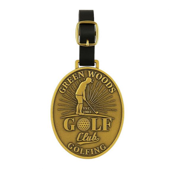 Brass octagonal bag ID tag with leather strap for golf club
