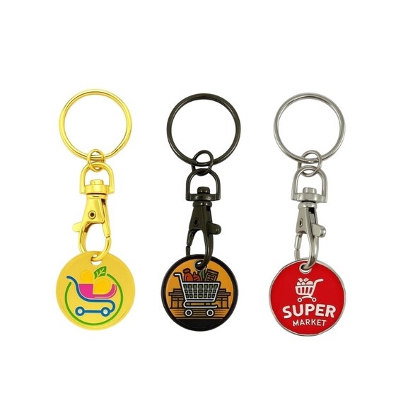 Iron Trolley Coin Keychains - Custom iron trolley coin keychains with enamel colors for shopping cart