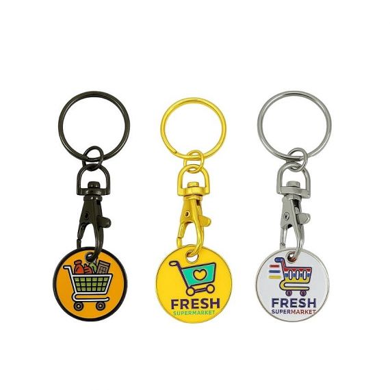 custom logo iron supermarket trolley token keychains on different metal platings