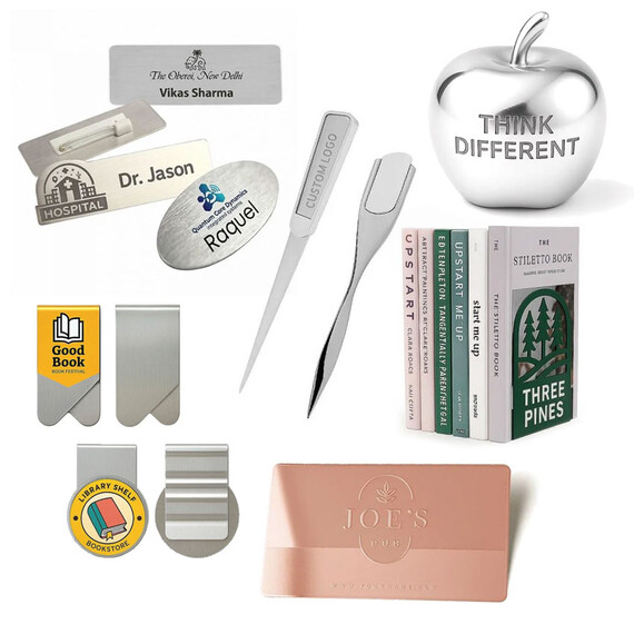 Metal Office & Stationery - Custom metal stationery and office accessories including engraved name badges, stainless steel business cards, metal bookmarks, magnetic bookmarks, paper clips, letter openers, desk ornaments, and custom logo office gifts for OEM wholesale.