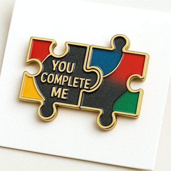 promotional puzzel uv printed "You Complete Me" text-based interlocking puzzle pins for couples or partners