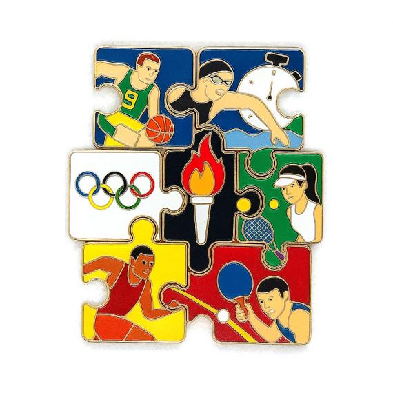 Olympic sports themed puzzle pins manufactured in a certified factory