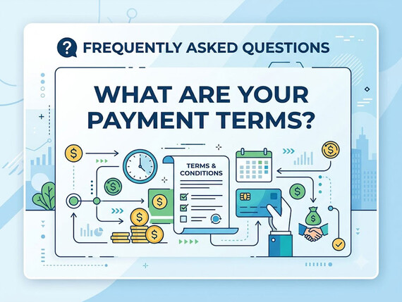 What are your payment terms? - Frequently asked questions banner about payment terms and conditions, featuring payment methods, contract, and financial transactions graphics.