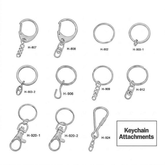 Metal Keychain Attachments - A collection of silver-finished metal keychain accessories and connectors displayed with model numbers for custom assembly