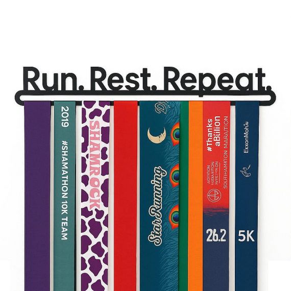Black wall-mounted medal hanger custom the text and logos