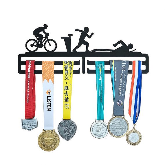 Black wall-mounted triathlon iron medal hanger