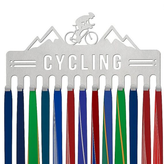 Silver cycling medal hanger with mountain design and multiple ribbon slots