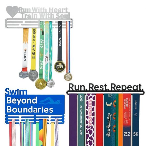 Inspirational custom displaying medal hangers for running and swimming race medals
