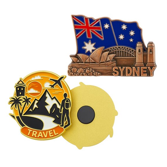 Metal Souvenir Fridge Magnets - Custom 3D Sydney Australia souvenir metal fridge magnet with hard enamel flag and antique copper bridge design, premium travel commemorative gift.