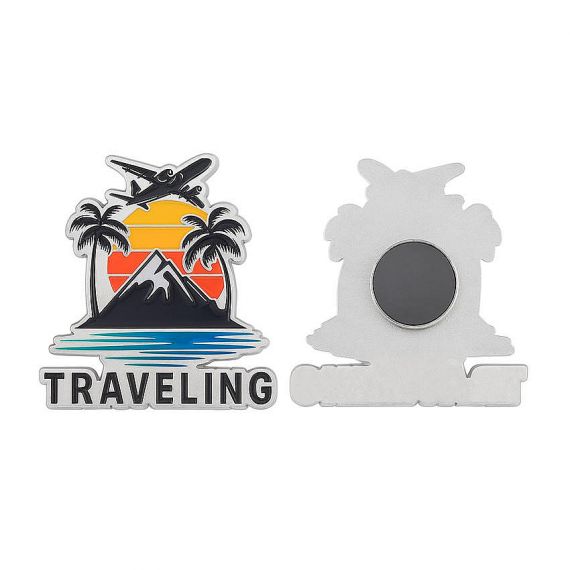 Custom "TRAVELING" metal fridge magnet featuring airplane, mountain, and sunset enamel design, high-quality 3D souvenir for global travelers.
