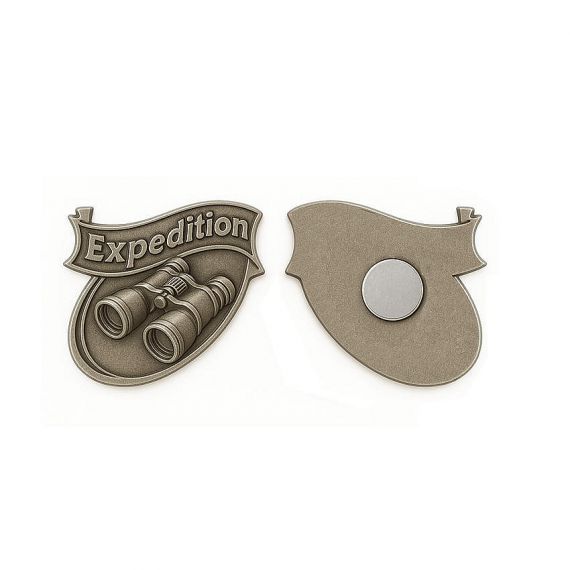 Custom antique silver 3D metal fridge magnet with "Expedition" banner and binoculars design, high-quality personalized zinc alloy souvenir magnet for travel and adventure.