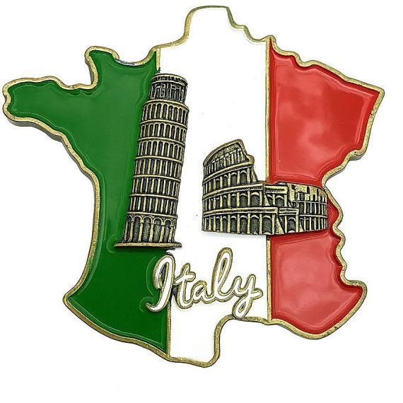 Personalized Italy map-shaped metal fridge magnet with colorful enamel flag and 3D Leaning Tower of Pisa and Colosseum landmarks.