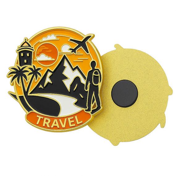 Customized metal fridge magnet with mountain and sunset soft enamel design, bespoke promotional souvenir for outdoor enthusiasts.