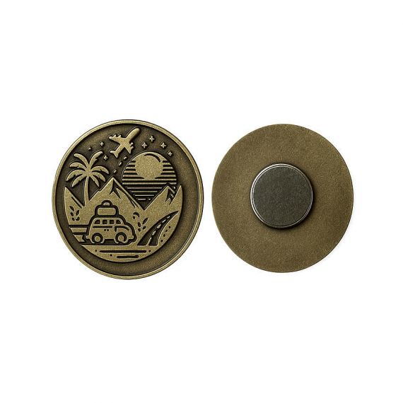 Vintage antique bronze round travel fridge magnet featuring embossed mountain, palm trees, and camper van, durable 3D relief metal souvenir.