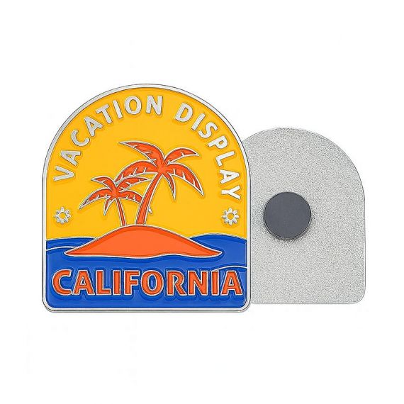 Custom "California Vacation Display" metal fridge magnet with vibrant sunset and palm tree enamel, high-quality bespoke travel merchandise.