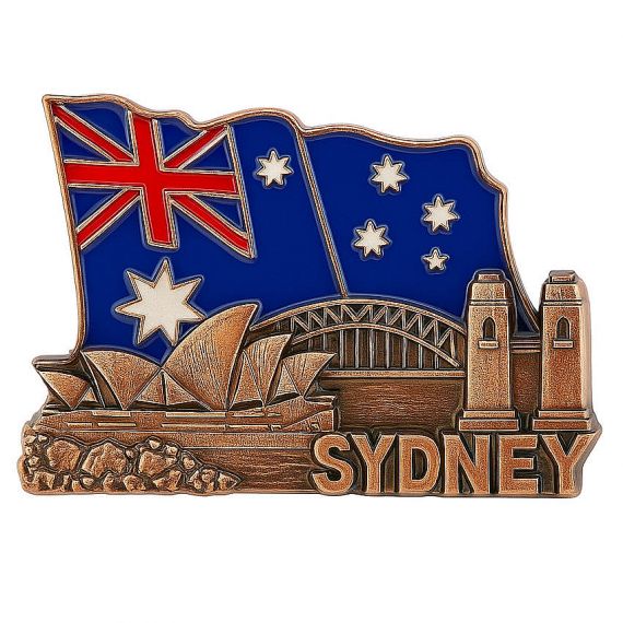 Manufacturer custom antique copper enamel colored Sydney souvenir fridge magnet featuring the Australian flag