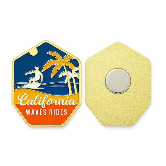 Bespoke hexagonal California "Waves Rides" metal fridge magnet with surfer and palm tree design, high-end soft enamel souvenir wholesaler.