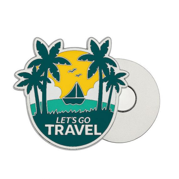 Custom "Let's Go Travel" metal fridge magnet with palm tree and sailboat silhouette, personalized die-cast metal souvenir for tourism agencies.
