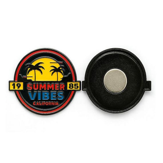 Personalized "Summer Vibes California 1985" round metal fridge magnet with retro sunset design, premium customized enamel souvenir magnets.