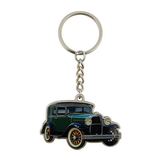 Full-color printed metal keychain with vintage car design
