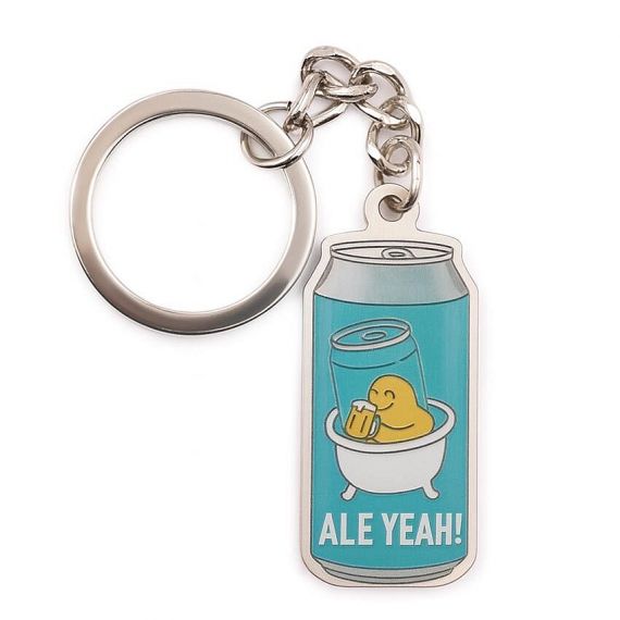 Custom printed metal beer can keychain with "ALE YEAH!" text and a crystal-clear epoxy dome