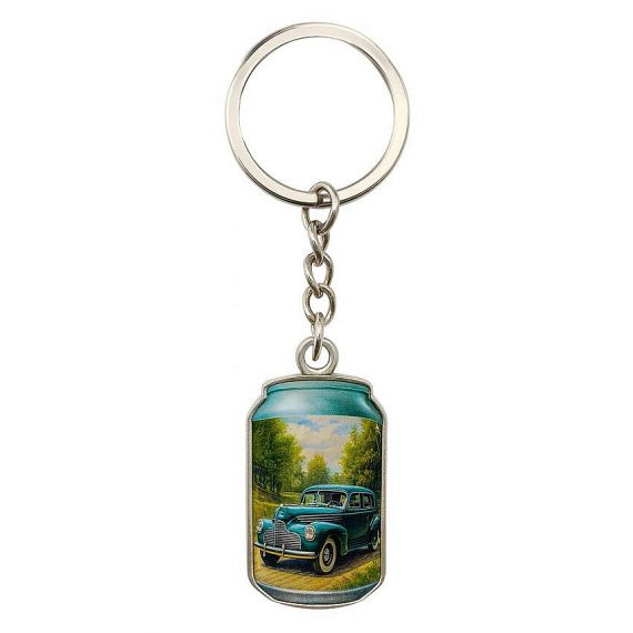 High-definition printed metal keychain featuring a vintage car in a beer can with a protective epoxy layer