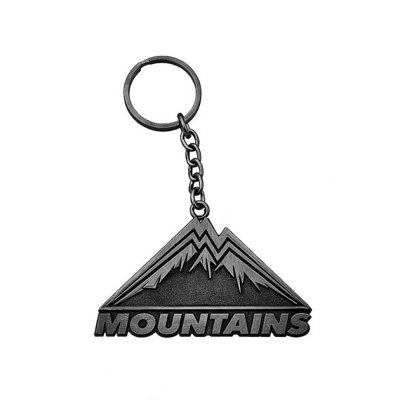 Gunmetal-plated brass keychain with a stamped mountain design and no enamel color fill