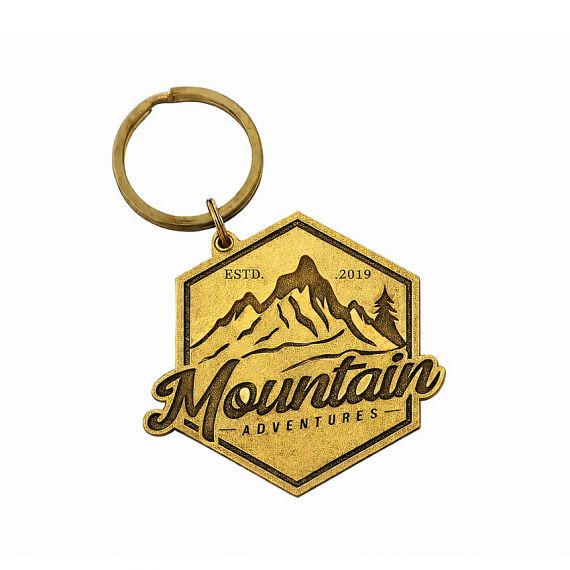 Stamped brass antique gold plating mountain logo keychain