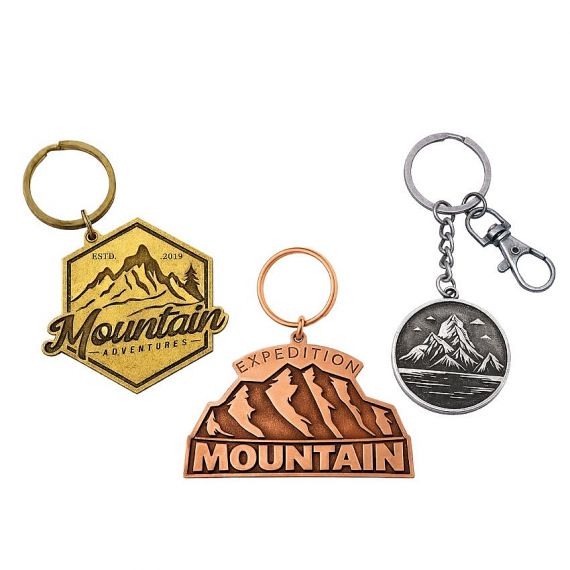 Metal Stamped Keychains without Colors - Custom stamped brass keychains with mountain design in antique finish styles