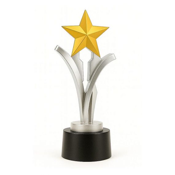 Gold star metal trophy on black base for award presentation
