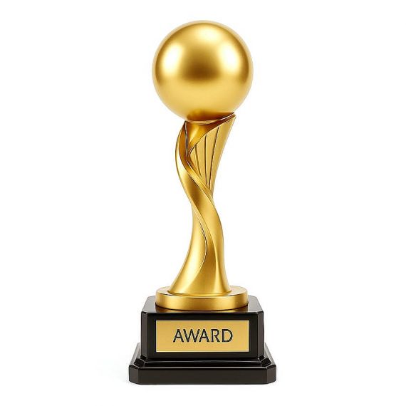 Gold globe champion trophy metal with a spiral stem
