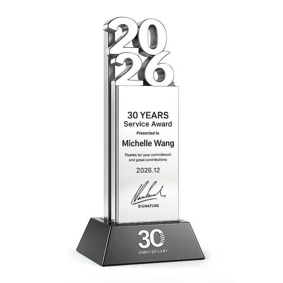 Silver 30-year service award metal trophy plaques
