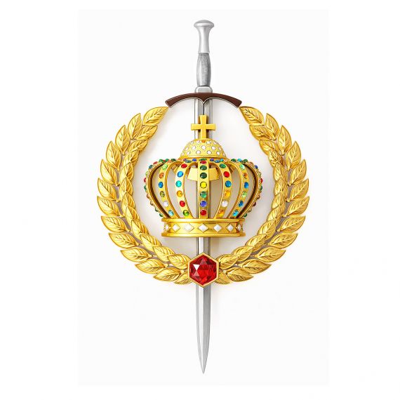 Ornate ceremonial badge with crown, sword, and laurel wreath
