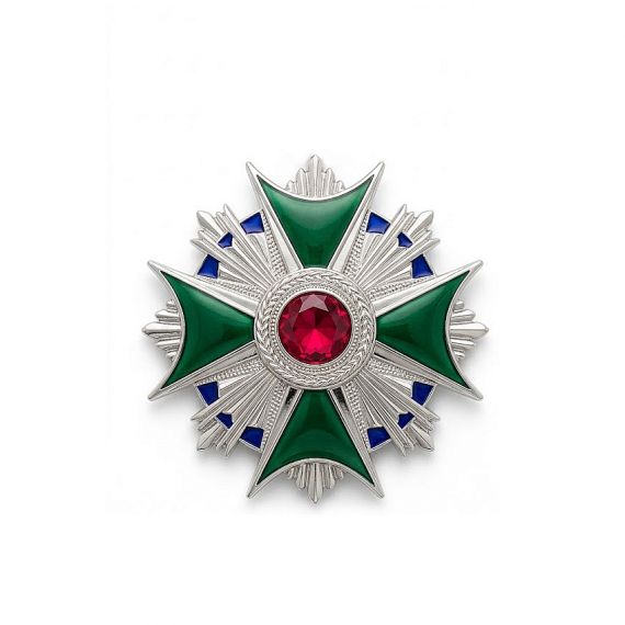 Silver cross military badge with green enamel and ruby