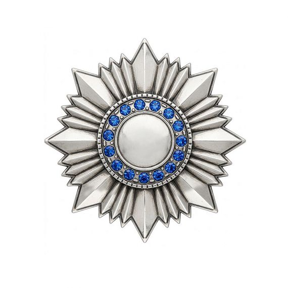 Silver starburst medal with blue rhinestone ring center