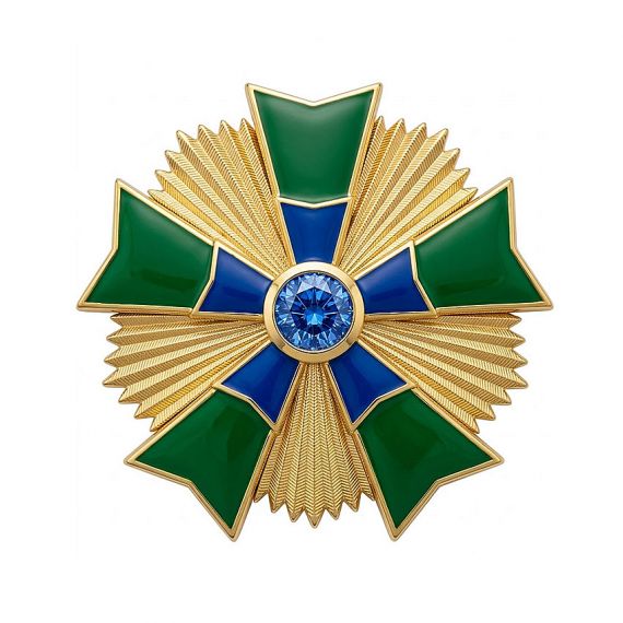 Gold star military badge with green and blue enamel