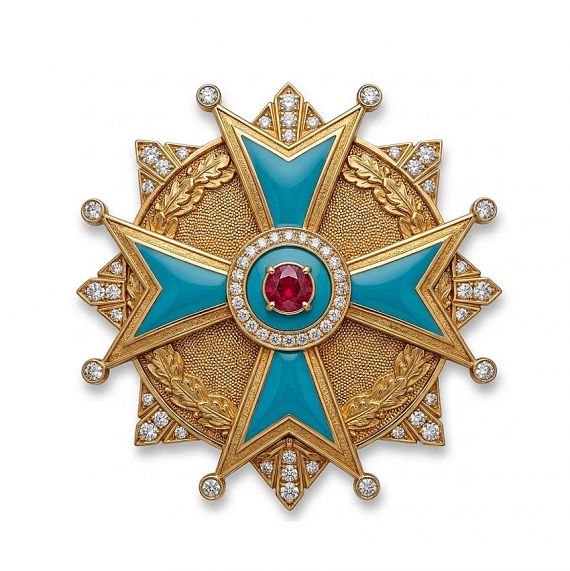 Luxury gold medal with turquoise enamel and crystal details