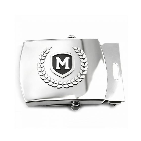 Custom metal belt buckle with engraved monogram crest