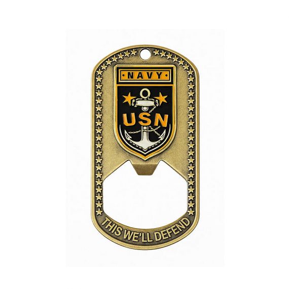 US Navy themed metal dog tag bottle opener with antique gold finish