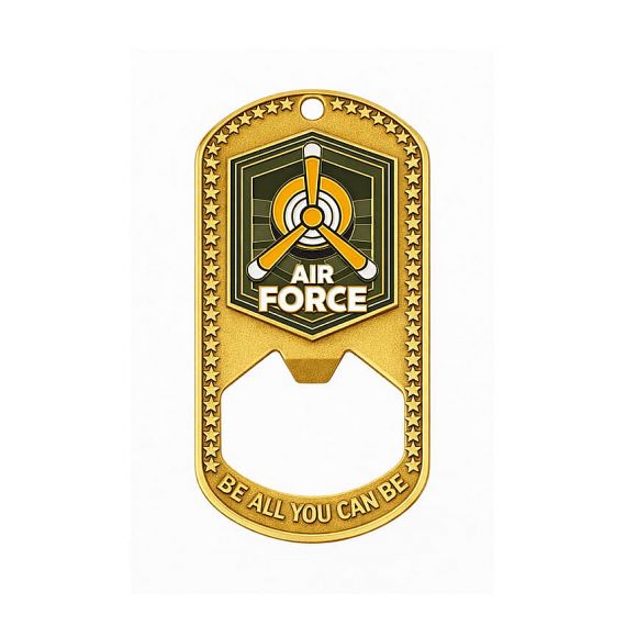 Air Force themed metal dog tag bottle opener with custom enamel design