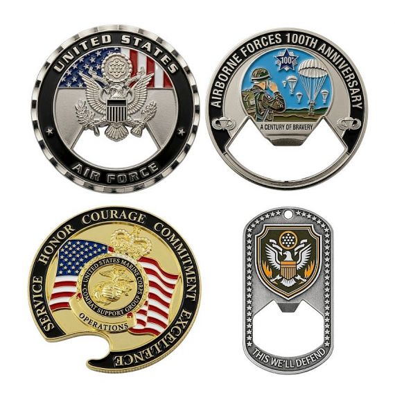 Military themed bottle opener coins with detailed enamel designs