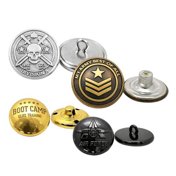 Assorted custom military buttons in zinc alloy with gold, antique brass, black nickel, and silver plating finishes