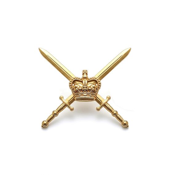 Gold crown and crossed swords metal pin