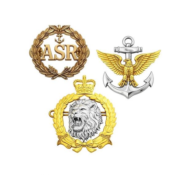 Premium military cap badges with eagle, anchor, and lion designs