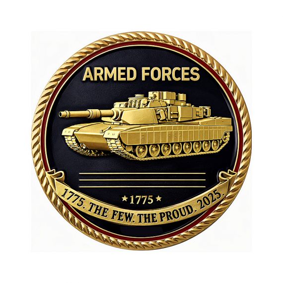 Antique gold military coin with 3D tank design and soft enamel details