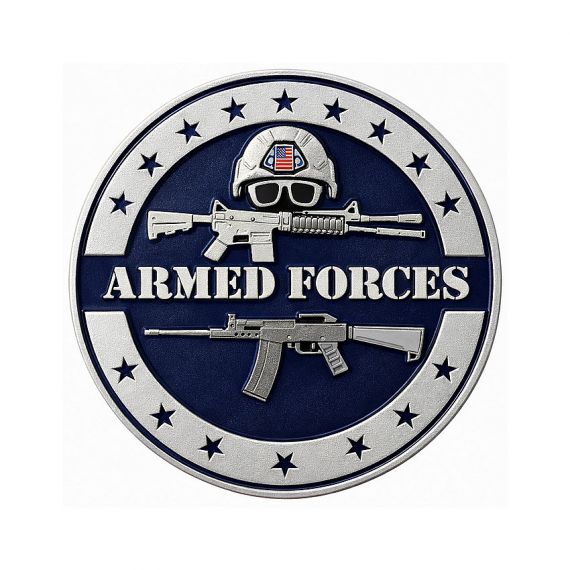 Silver plated souvenir military coin with 3D rifle design and soft enamel background