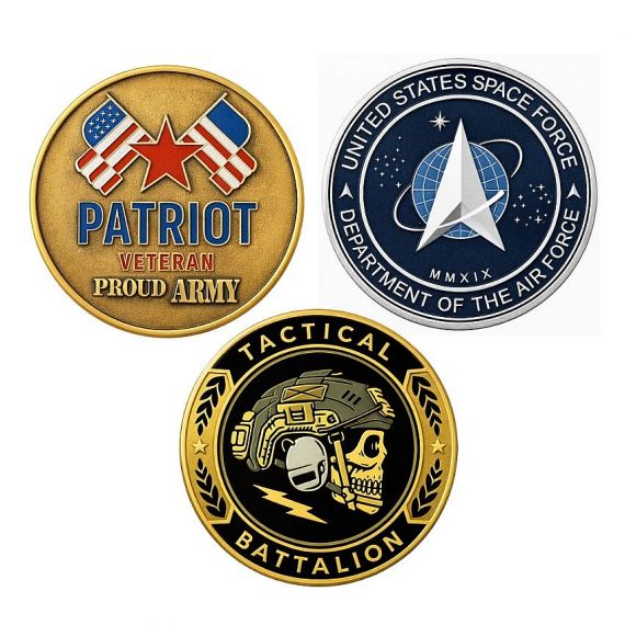 Zinc alloy military coins with soft enamel, antique and polished plating finishes
