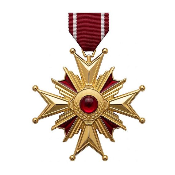 Gold plated military medal with red enamel center