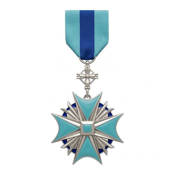 Silver military cross medal with light blue enamel and short ribbon