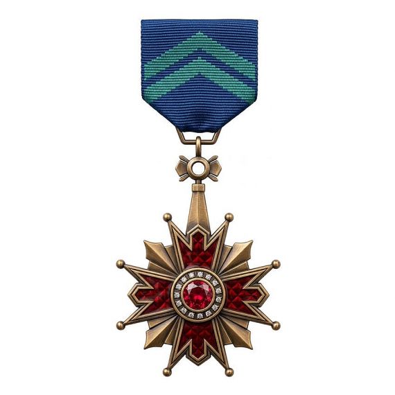 Antique bronze medal with red crystal centerpiece